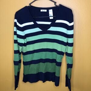Liz & Co Navy Green Ombre V-Neck Sweater, XL